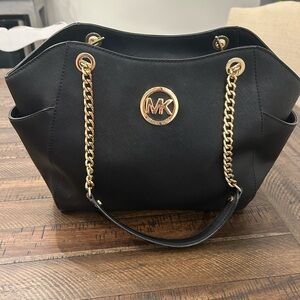 Michael Kors Black Leather Shoulder Bag with Gold Chain Accents